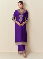 Chinnon Silk Purple Party Wear Embroidery Work Readymade Straight Suit